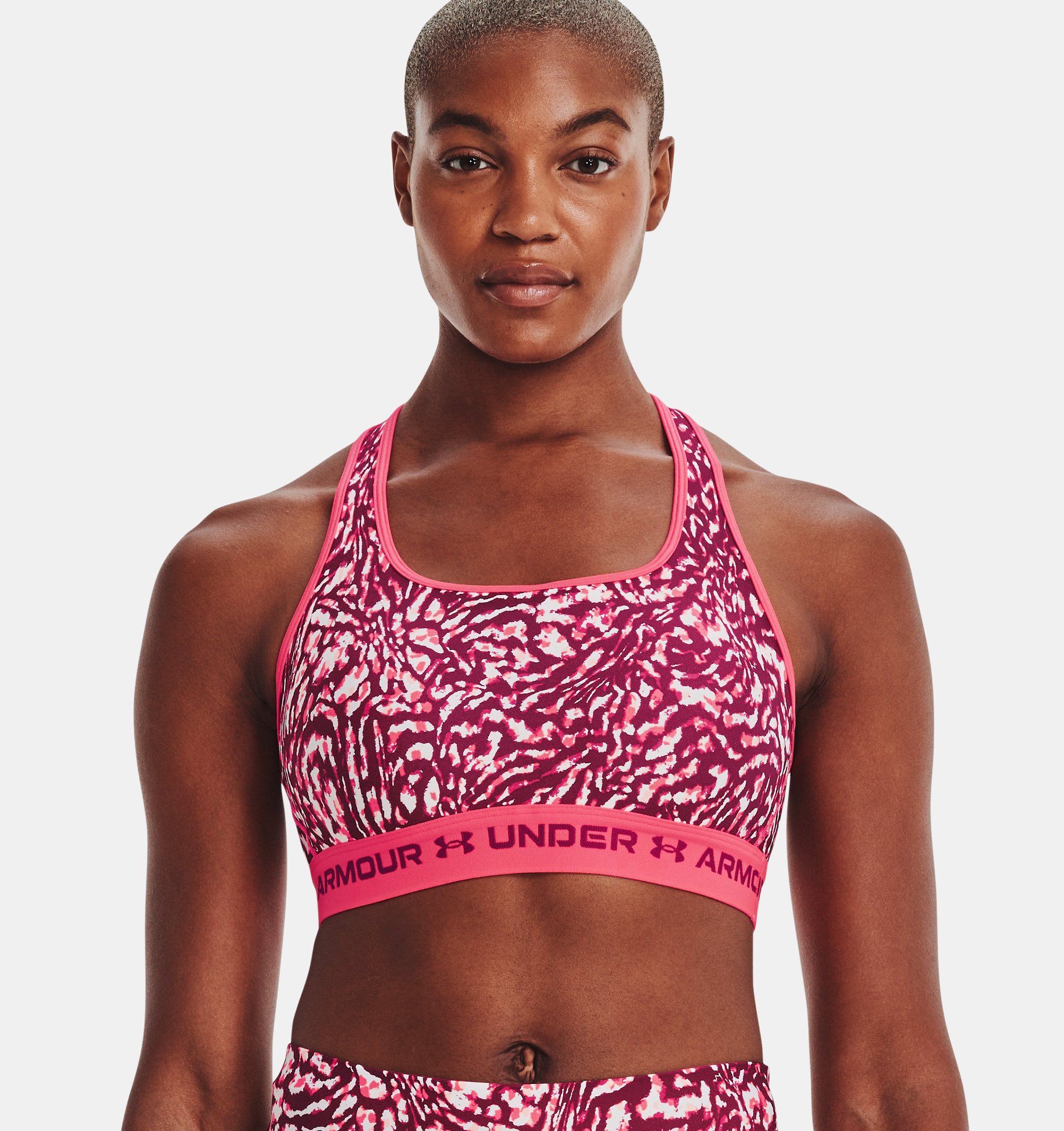Under Armour Womens Printed Mid Sports Support Bra Top Purple Gym Breathable 